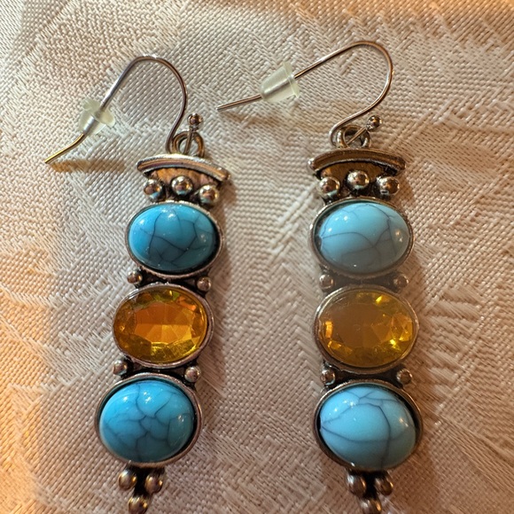 Elegant Turquoise and Amber Drop Earrings - Picture 3 of 3